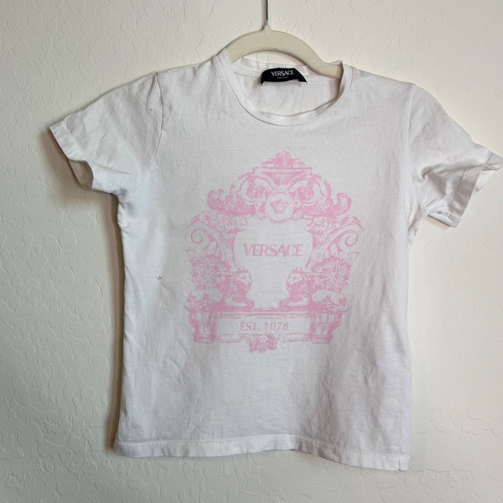 Versace White Pink Medusa Graphic T-Shirt Est 1978 Made in Italy Size 8A